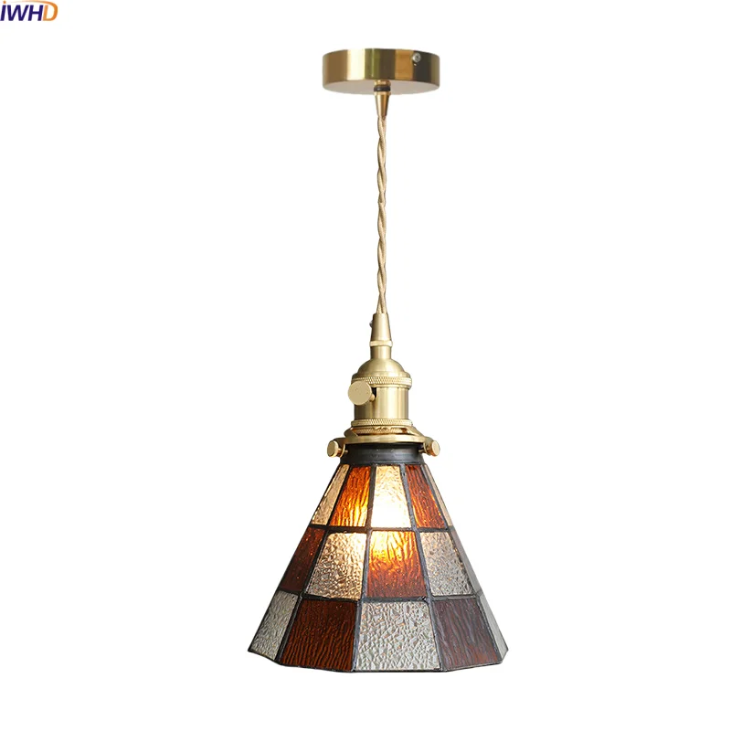 

IWHD Interior Vintage LED Pendant Light Kitchen Island Bedroom Colorful Glass Retro Brass Hanging Lamp Luminaire Suspension