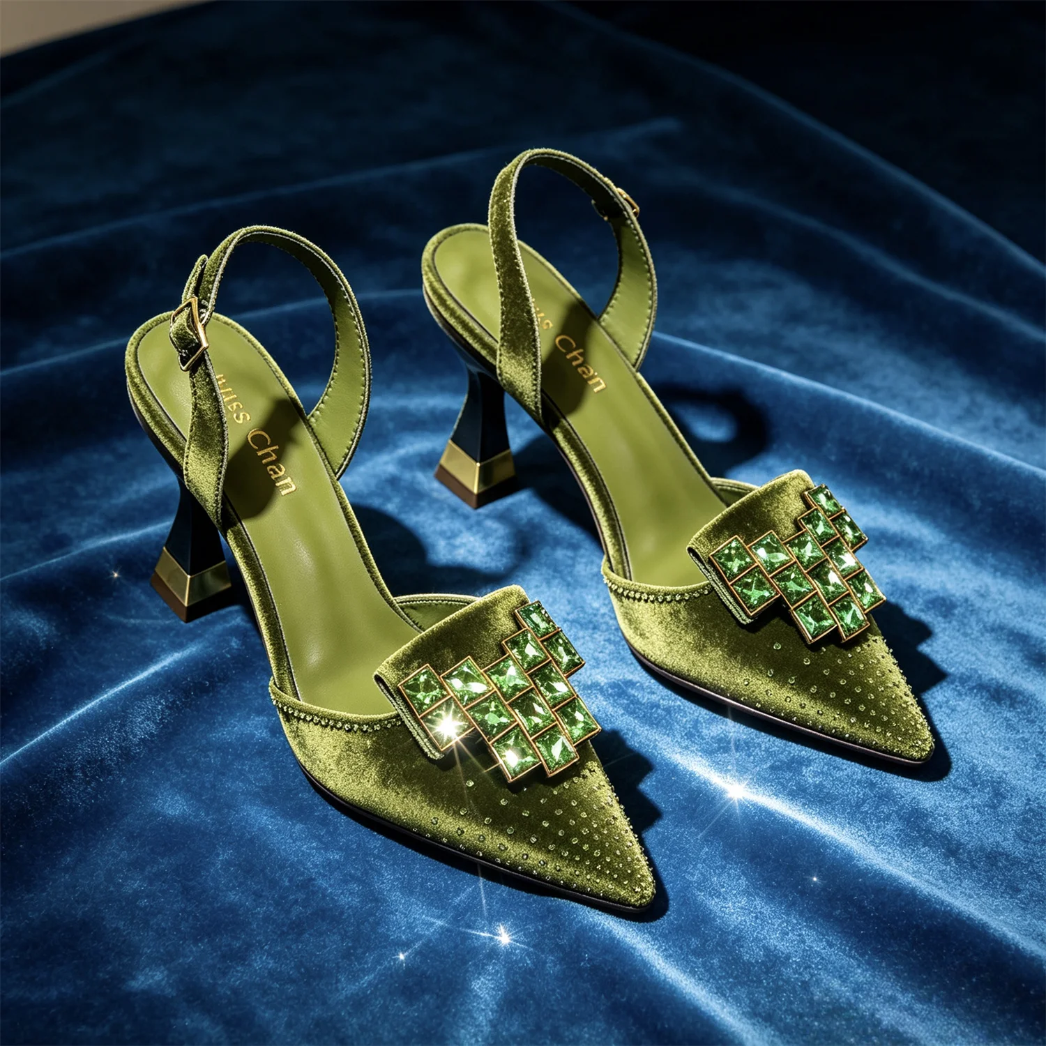 Elegant Olive Green Satin Slingback High Heels for Women - Pointed Toe with Purple Geometric Rhinestones and Block Heel