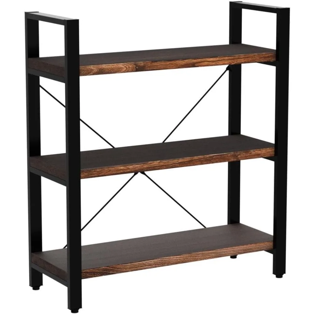 رف كتب من الخشب الصلب مكون من 3 طبقات مع لمسات معدنية، وحدة تخزين واسعة على طراز المزرعة للاستخدام المنزلي والمكتبي