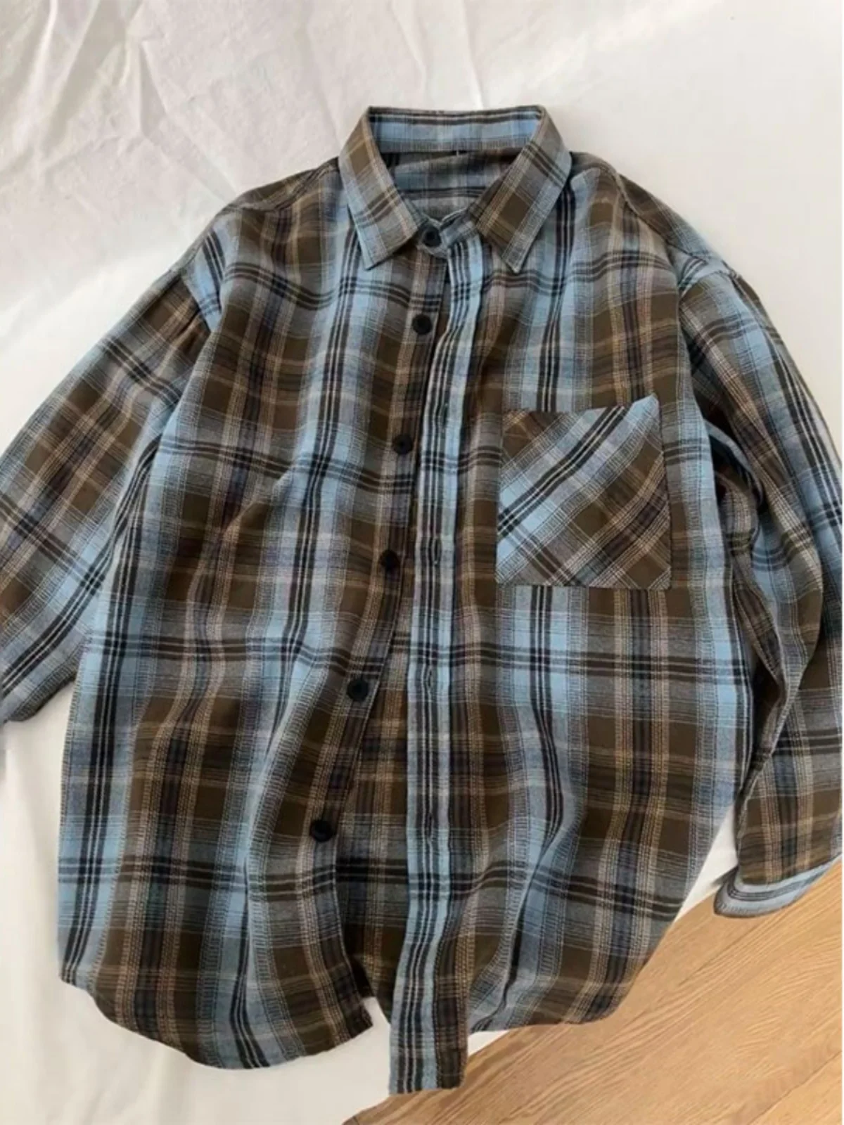 

American Retro Blue Plaid Men's Flannel Brushed Long Sleeve Shirt Cleanfit Layering Jacket Loose Fit Youth Trend Spring 2025