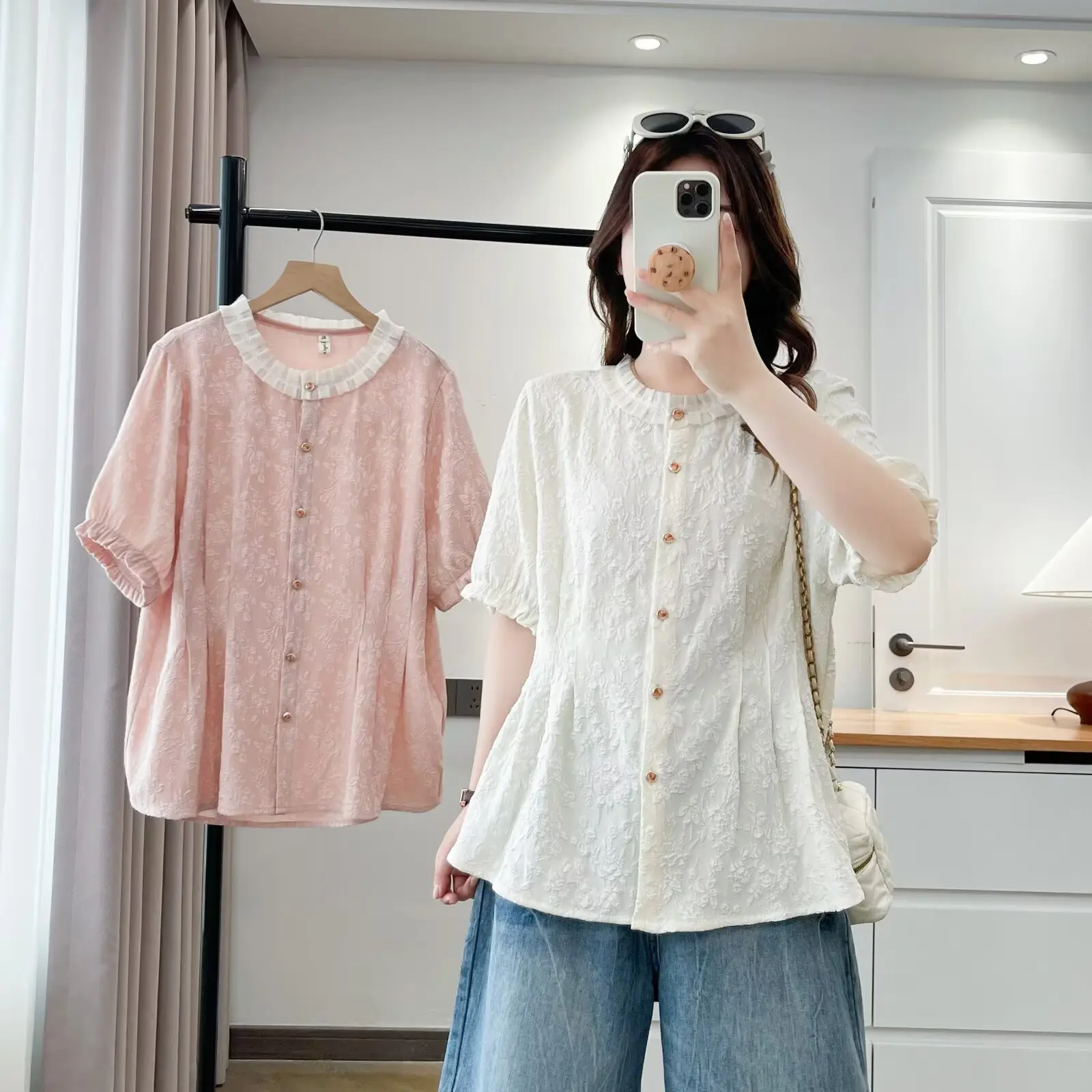 2026 Summer Plus Size Jacquard Cardigan Shirt Short Sleeve Ruffle Waist Slim Fit Tops For Curvy Women #1219 view 4