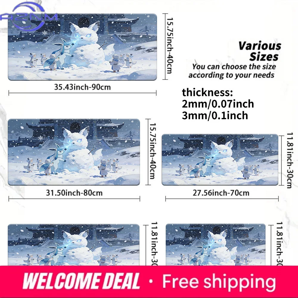 Cute Snow Fox & Anime Style Desk Mat, Large Extended Gaming Mouse Pad with Non-Slip Rubber Base, Multi-Size Office Desk Pad for