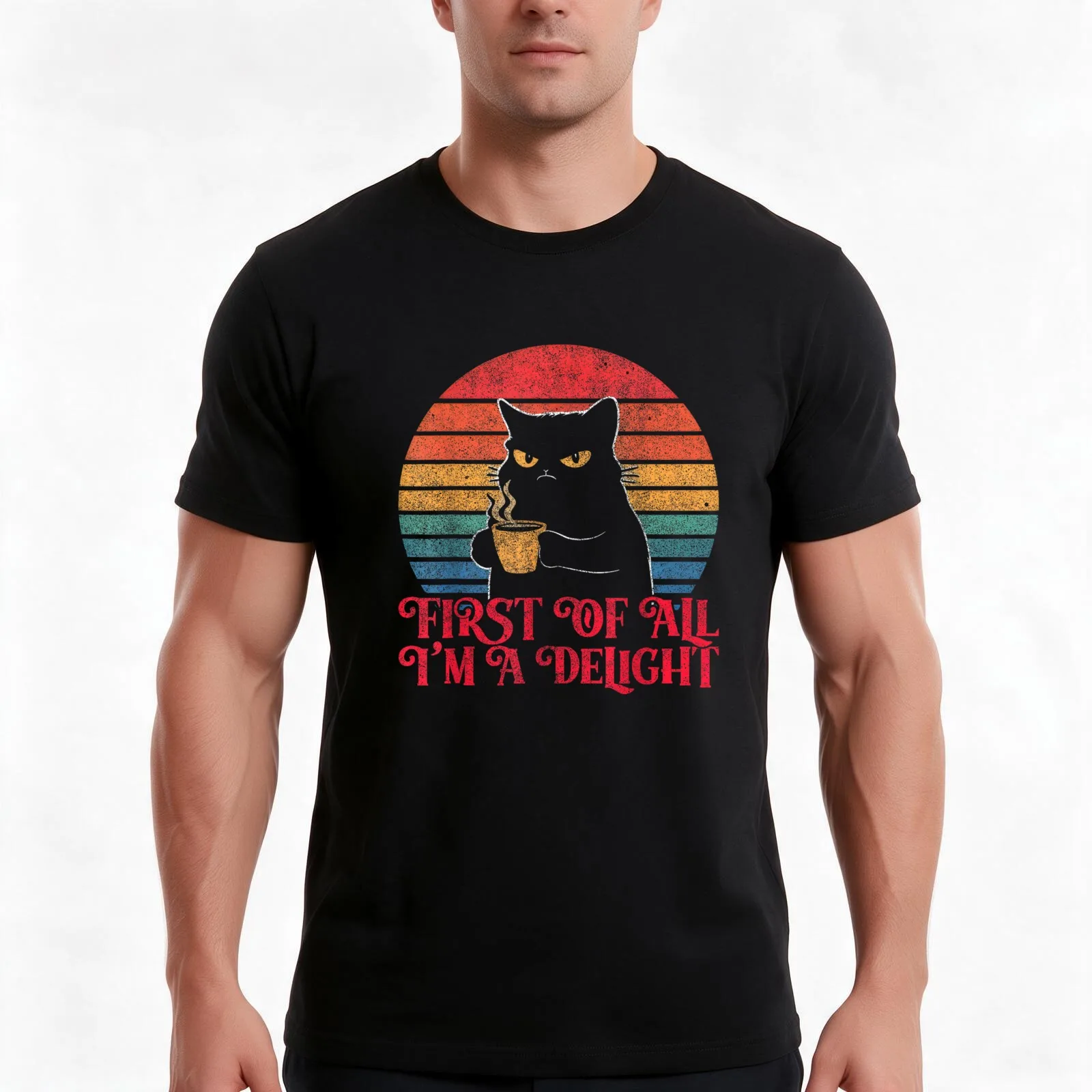 First Of All I'm A Delight Angry Cat Coffee Lover T-Shirt, Summer Casual Cotton Tee, Oversized Streetwear Tops, Unisex Men Women