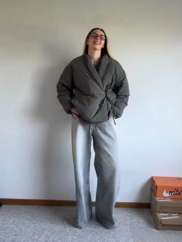 

Fashion Lace Up Padded Cotton Jacket Women 2025 Winter Casual Loose Parkas Coat Vintage Outwear Female Warm Quilted Outerwears