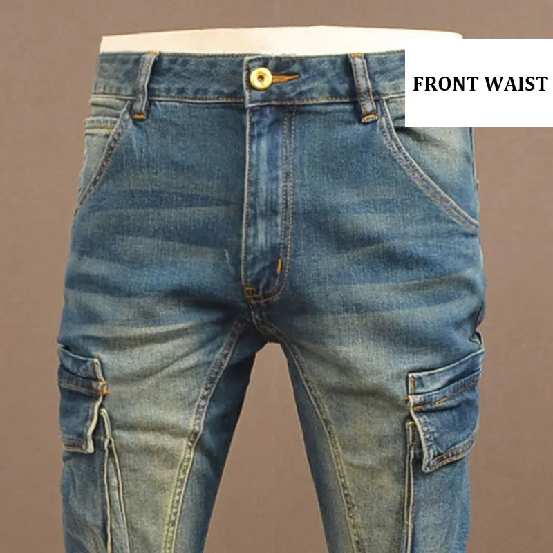 Street Designer Mode Mannen Jeans Retro Blauw Stretch Slim Fit Grote Zak Denim Cargo Broek Mannen Y2K Hip Hop Biker Jeans Homme
