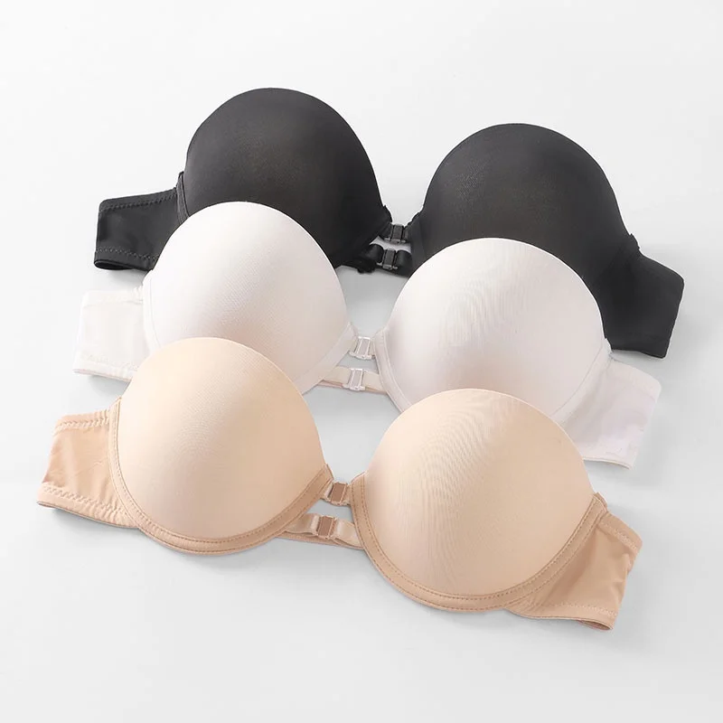 Girls double layered front buckle strapless bra with anti slip push ups