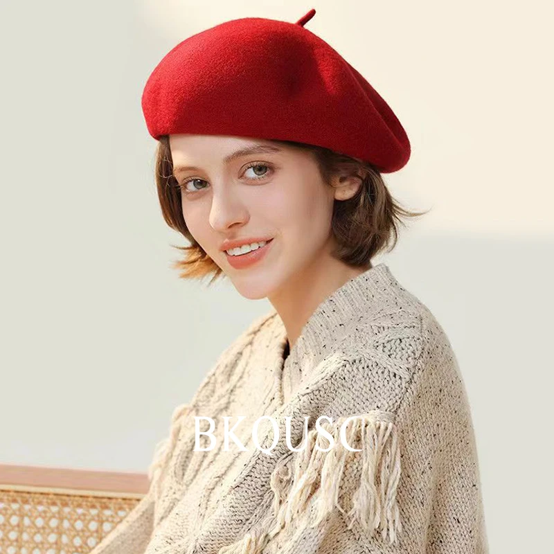 French Elegant Women\'s Wool Beret 55cm-58cm Female Solid Color Soft Wool Painter Hats Winter Warm Literary Beret Caps for Woman