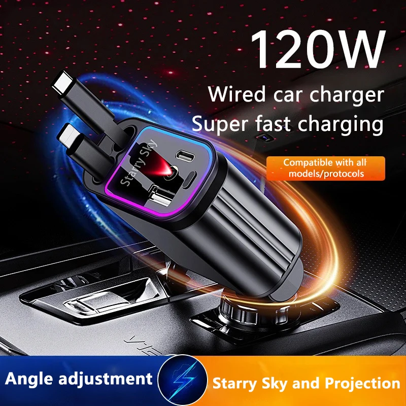 4 In 1 Retractable Car Charger Starlight In Car Roof 100w USB Type C Ports Super Fast Car Phone Charger Car Adapter