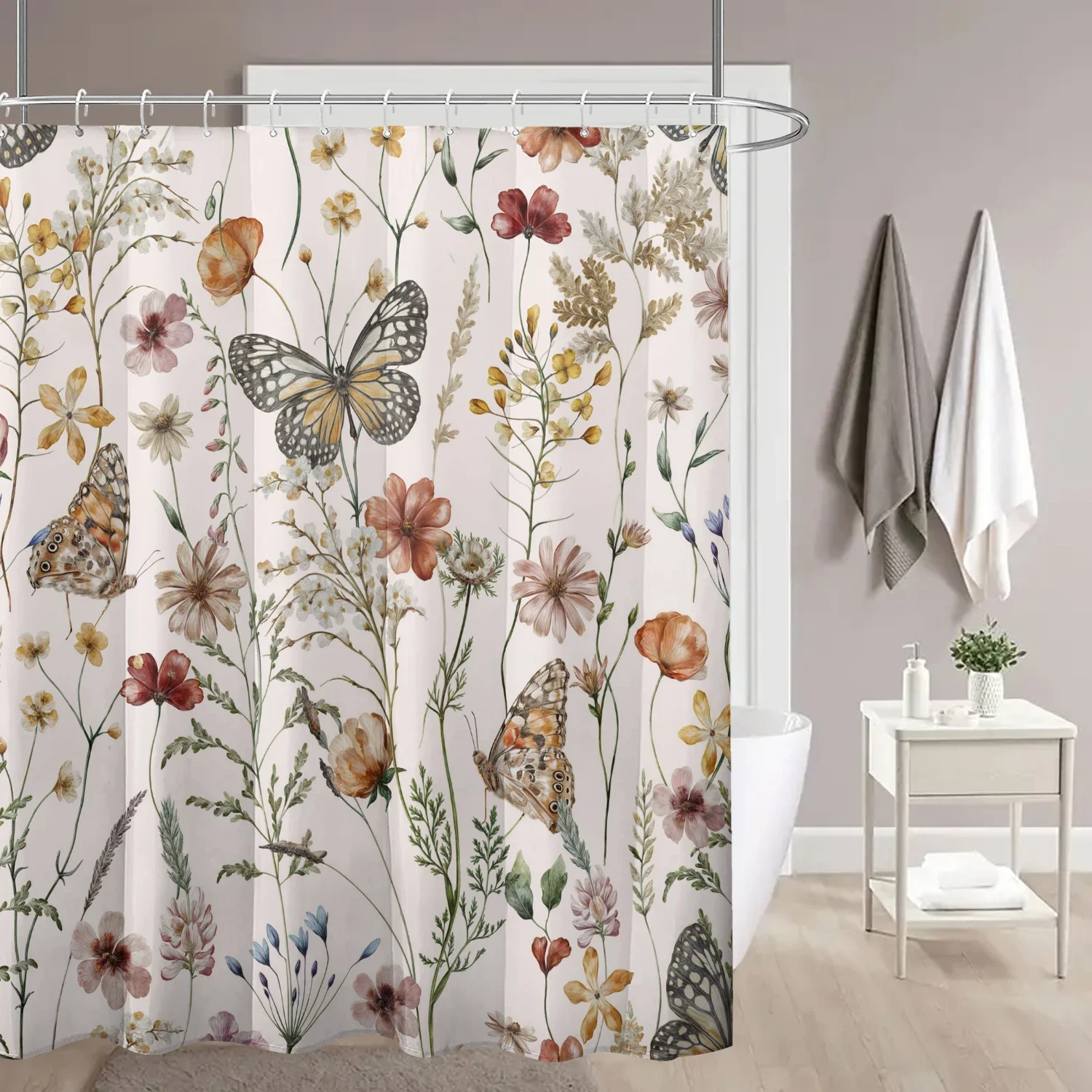 4-piece set of colorful flower butterfly waterproof printed shower curtains with 12 hooks, bathroom floor mats