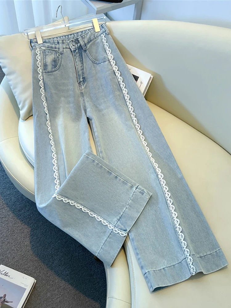 

High Waist Straight Leg Jeans Women's Spring 2025 New Sle Lace Trim Self-Kee Slimming Denim Pants Commute Sle Long Pants