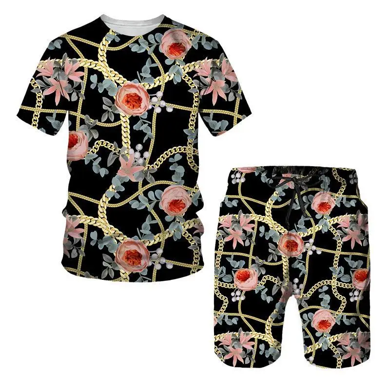 3D Luxus Barock Stil Goldkette Blume gedruckt T-Shirts Shorts 2 Stück Sets Mode Männer T-Shirt Anzug Sommer lässig Trainings anzug Outfits