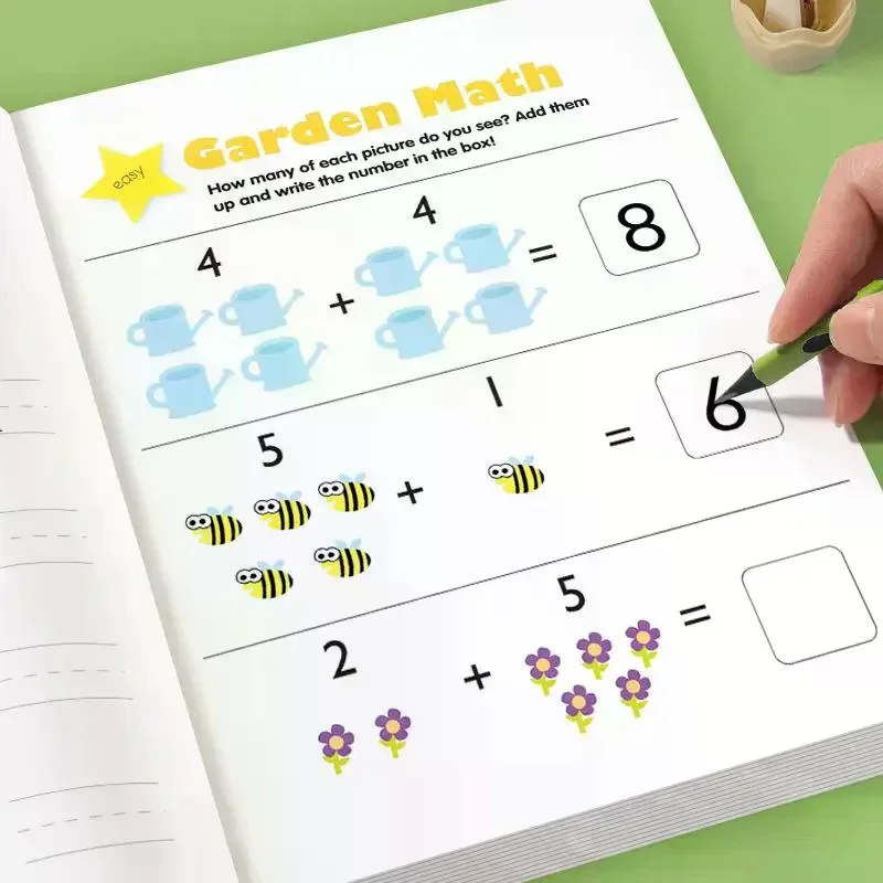1 Juego divertido libro de preguntas aritméticas de 64 páginas, ejercicios de suma y resta dentro de 10 cálculos de descomposición de columna de imágenes
