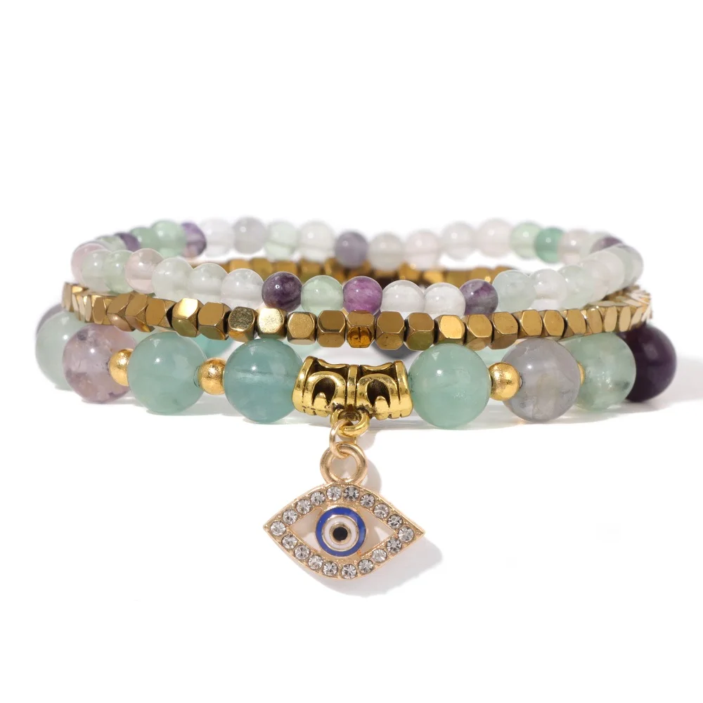 3 teile/satz Truthahn bösen Blick Charme Armbänder für Frauen Männer natürlichen Fluorit Stein Gold Farbe Perlen Armband Set Glück Yoga Schmuck