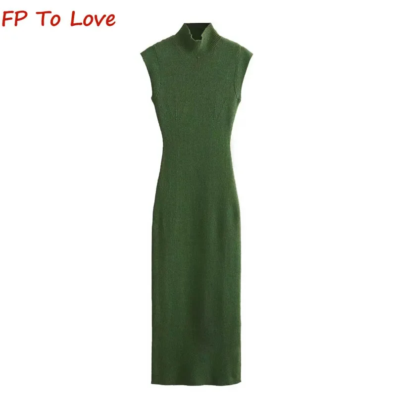 Green High Neck Sleeveless Wrap Dress Metallic Color Line Knit Vintage Wrap Sexy Bottom Tank Dress 3471105