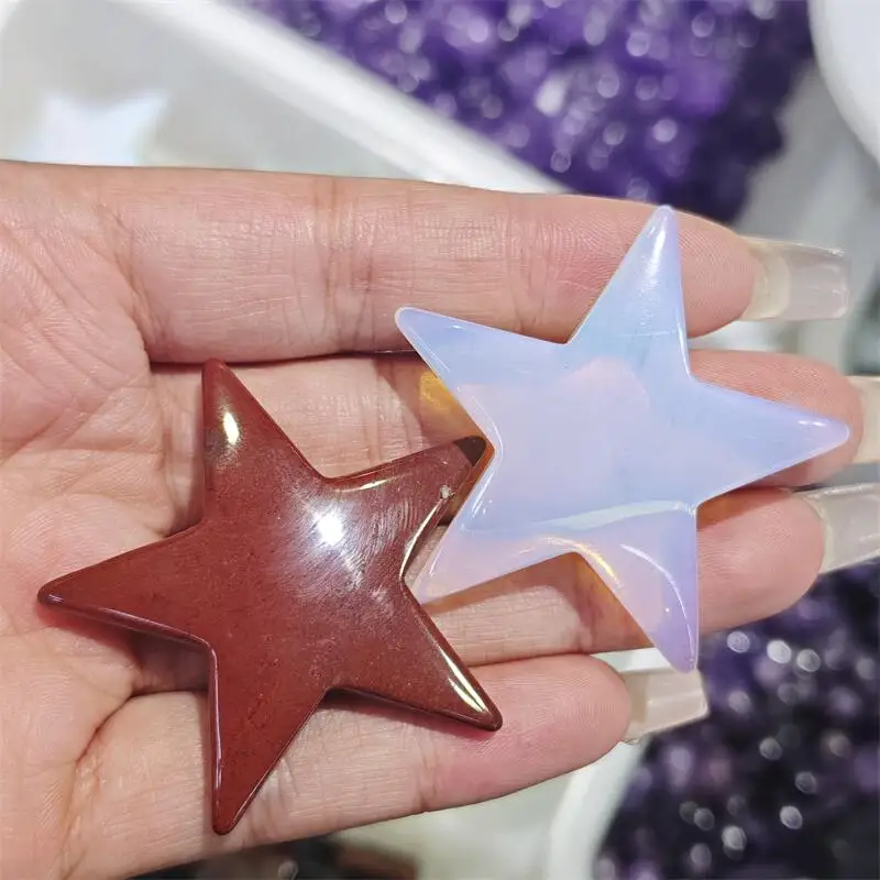 Natural Crystal Quartz Red Jasper Opalite Star Carving Energy Gem Reiki Healing Home Decoration Holiday Gift Collection 1pcs