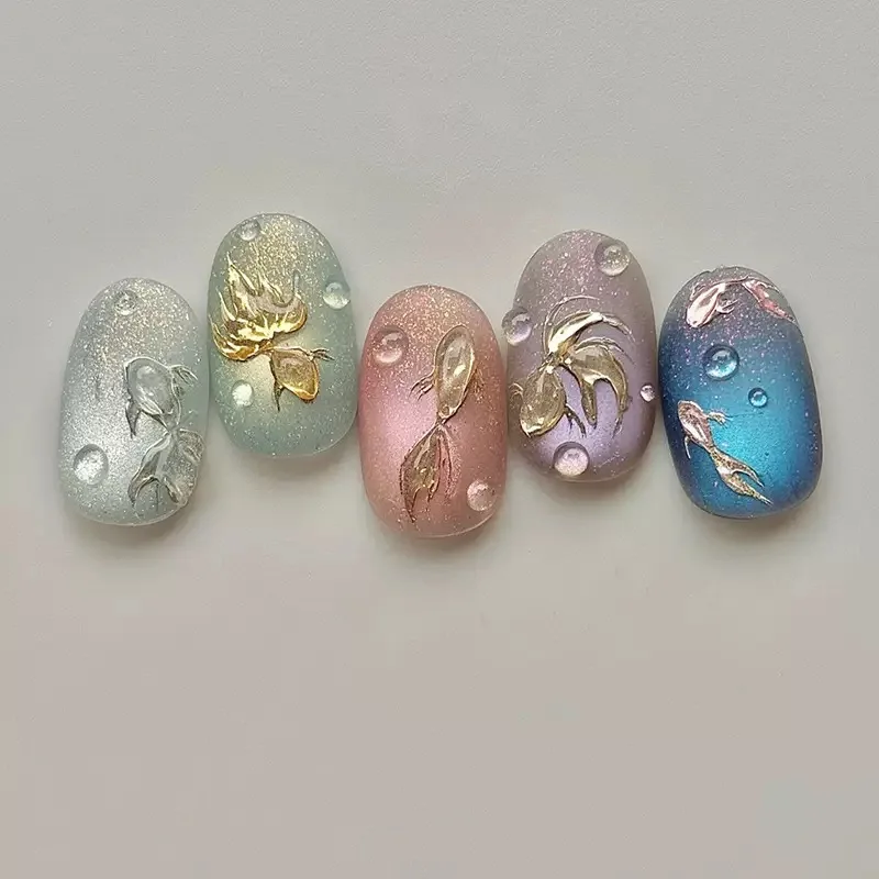 24Pcs polar lights Round Head False Nails Glitter Design Fake Nails Short Press on Nails Full Cover Nail Tips Manicure Tools