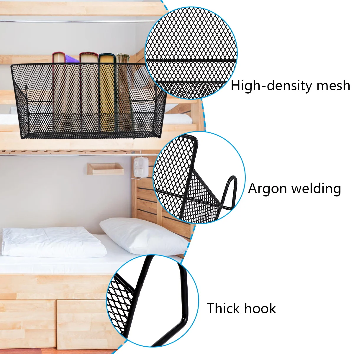 

2PCS Stylish Bedside Hanging Basket Hanging Rack Bedside Organizer Storage Basket for Shelf Kitchen Bathroom Dormitory (Black)