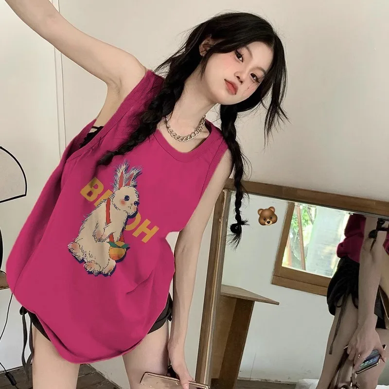 

Женская футболка средней длины цвета драконьего фрукта, летняя, сладко-острая, с тонкими бретелями, жилет-топ, верхняя одежда, стильный дизайн.