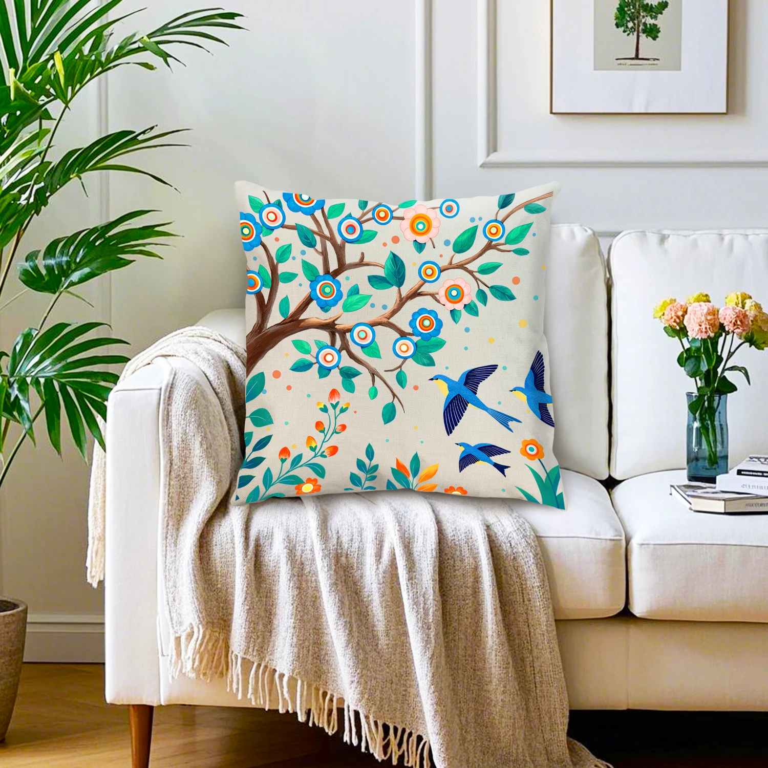 Swallow Bird Floral Cushion Cover Linen Spring Natural Botanical Decorative Pillow Case for Sofa Couch Living Room Bedroom Patio