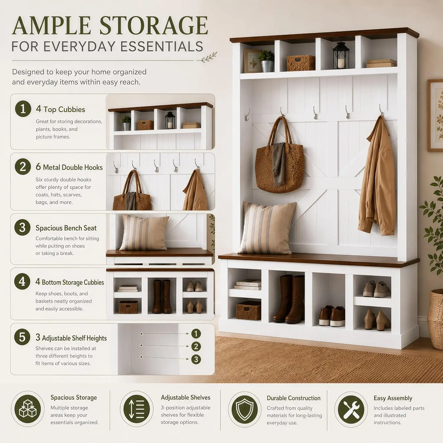 Farmhouse Hall Tree with Bench and Shoe Storage, Entryway Coat Rack with 6 Double Hooks, 4 Top Cubbies, 4 Bottom, Customized