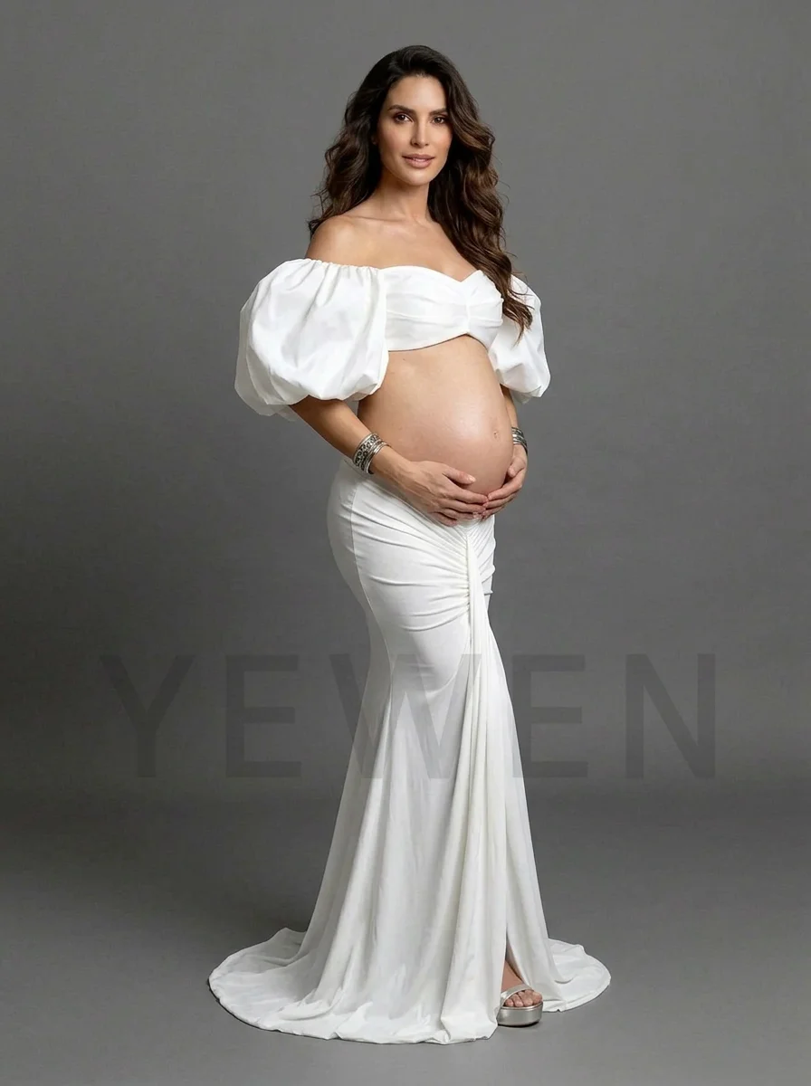 Maternity Photography Dress 2 Piece Set Puff Sleeve Crop Top and Mermaid Skirt Pregnancy Photoshoot Gown YD260913
