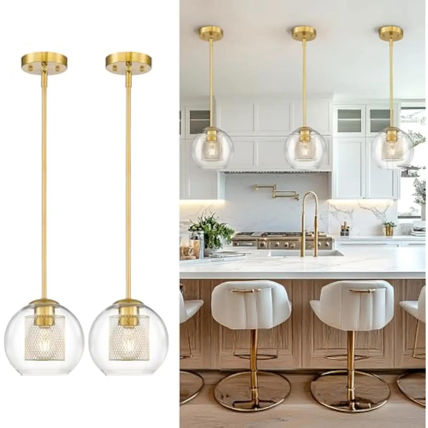 

2pack 8 inch pendant light for kitchen island,brushed gold globe glass pendant lighting, kitchen hanging light,elegant farmhous