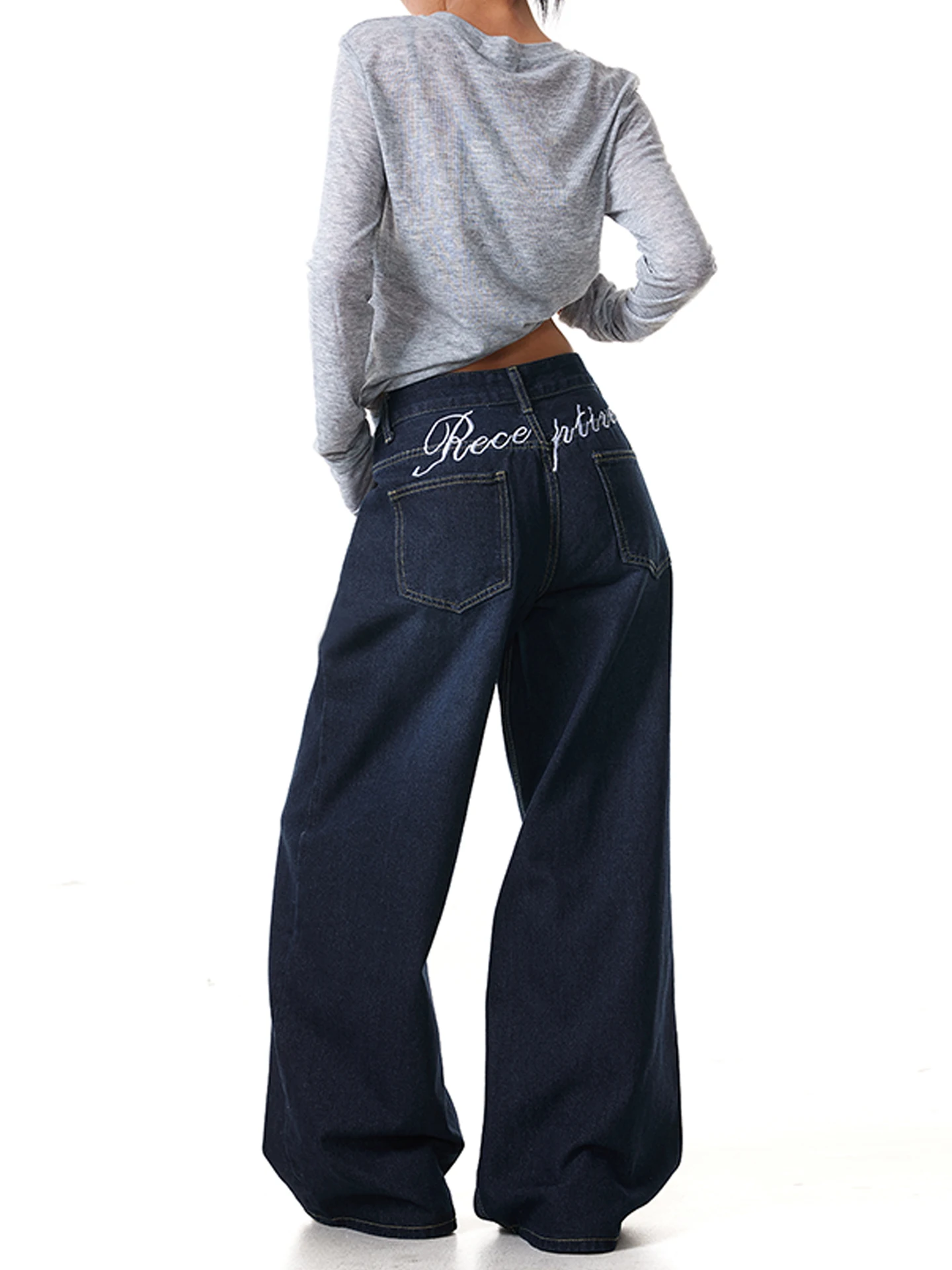 

FreeMary оригинальные синие свободные прямые джинсы с вышивкой, женские утягивающие универсальные широкие длинные брюки Street Sle