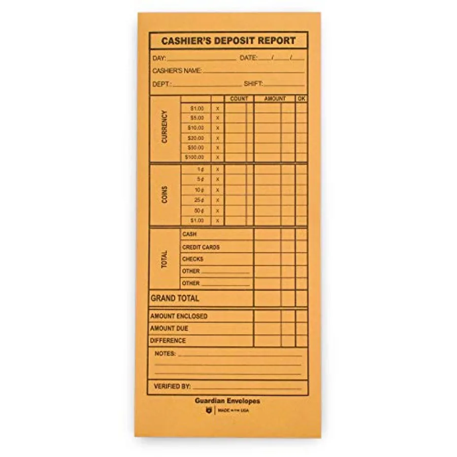

Cashier Deposit Report Envelopes - Made in America with Gummed Flaps Cash Drop Envelopes Cash Register for Small Businesses Ret