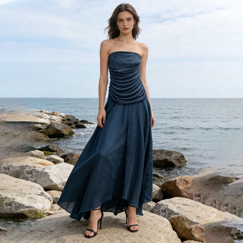 

Fashion Irregular Big Swing Dresses Spring Women Sleeveless Fold Chest Wrapping Dress Autumn Female High Waist Knee Length Dress