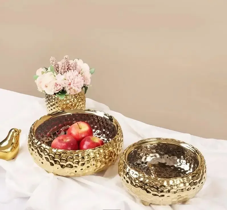 Electroplating Golden Fruit Plate Ceramic Tableware Living Room Decoration Vase Home Kitchen Desktop Snack Candy