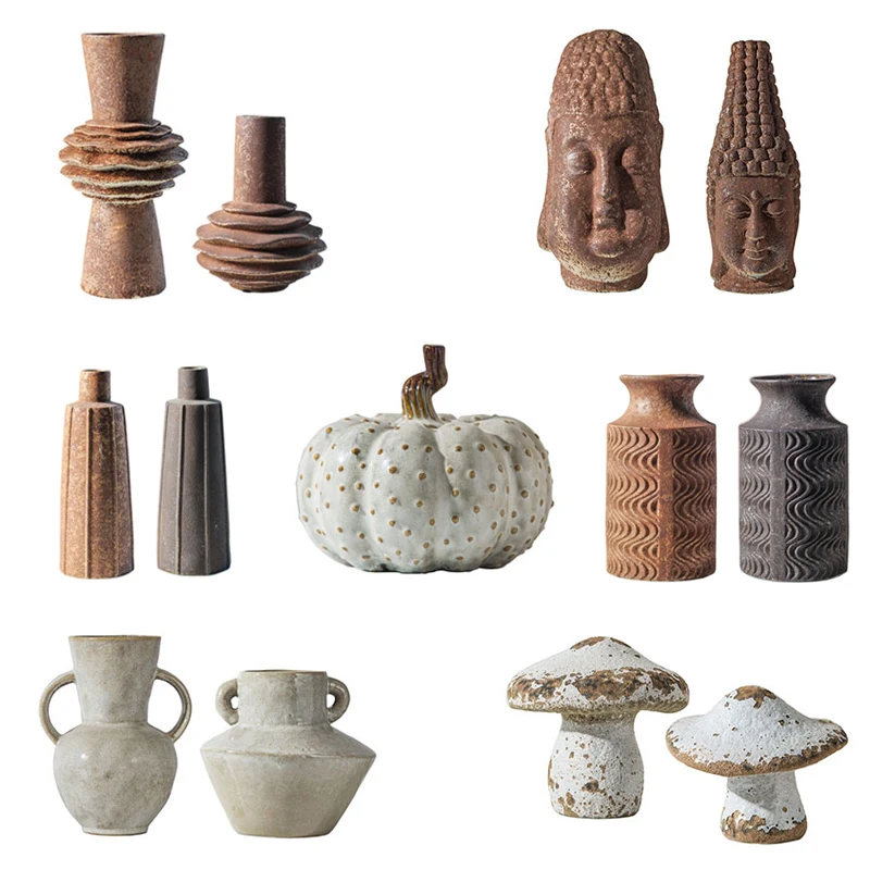 Retro Chinese-style wind ceramic pumpkin mushroom model room B & B hotel flower utensils old Buddha head decoration