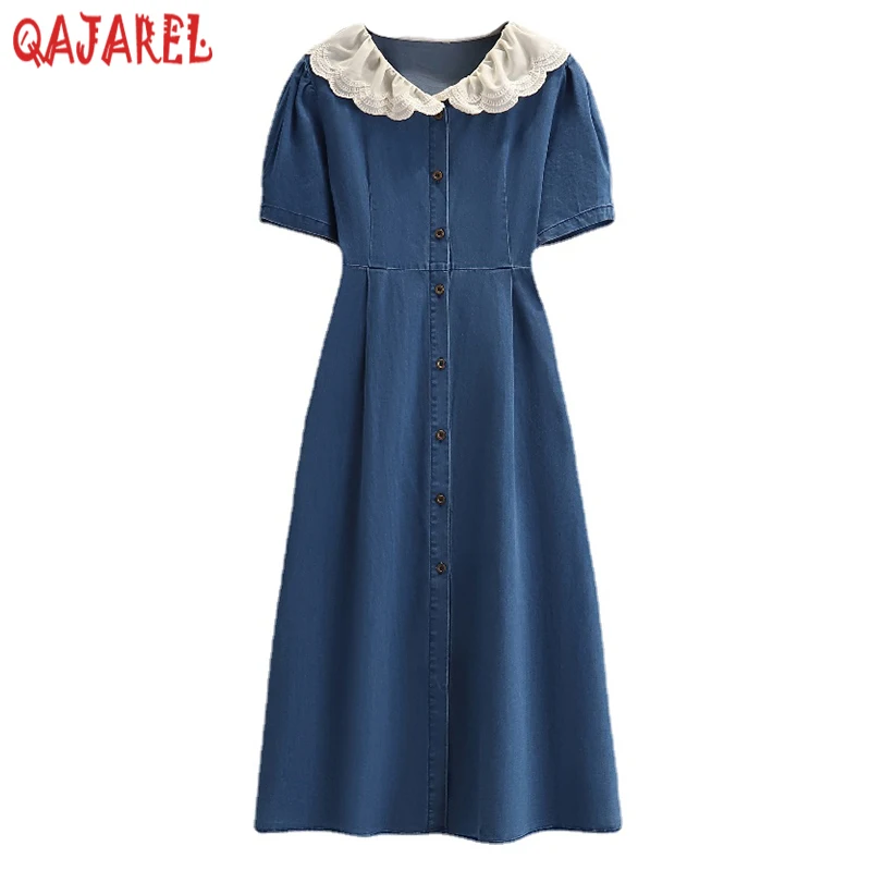 

Summer Blue Denim Short Sleeve Lace Doll Collar Midi Dress Women Korean Vintage Casual Dress 2024 Elegant Bodycon Party Vestidos
