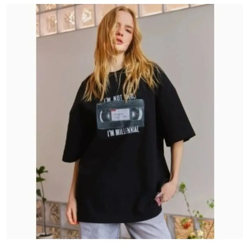 

100% Pure Cotton Short-sleeved T-shirt American Fashion Individual Stylish Simple and Trendy Cassette Print Commuter Top Women