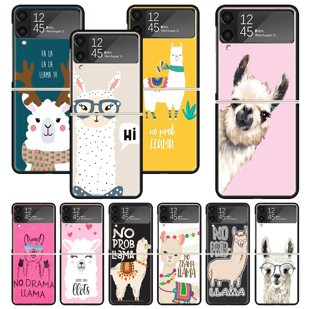 Lama Llama Alpacas Print Case For Samsung Galaxy Z Flip 3 4 5 6 5G Phone Shell ZFlip6 Flip5 Flip4 Flip3 Pattern Black Hard Cover