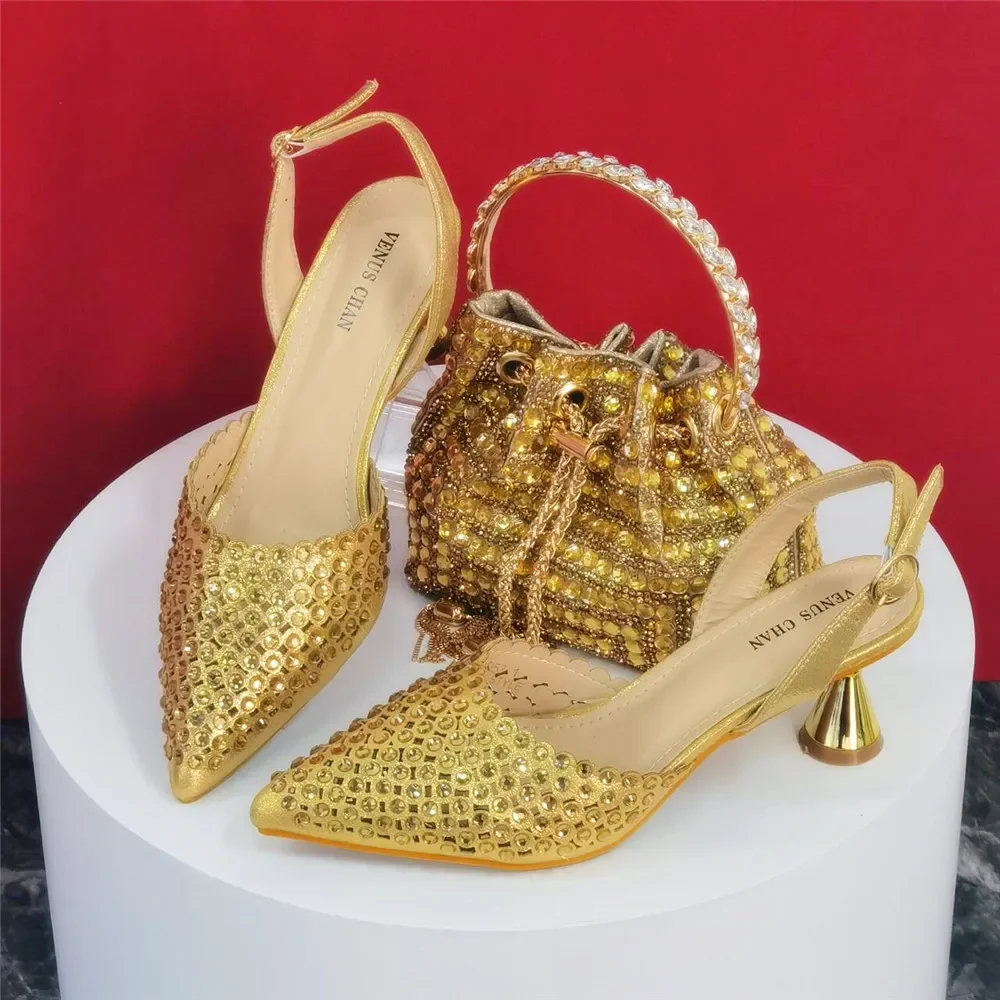 Shiny Gold Rhinestone Shoe & Bucket Bag Set | Pointed Crystal Heels, Womens Lux Wedding Eve Bridal Formal Prom Match Purse Kits
