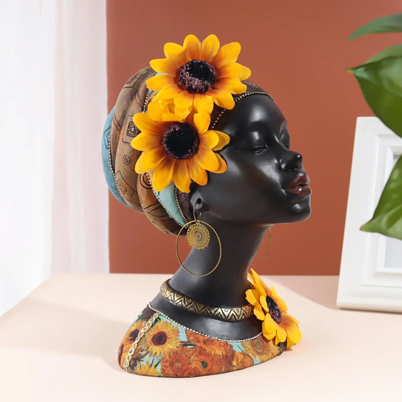 

African Woman Head Statue Stylish Collectible for Restaurant Tabletop Office