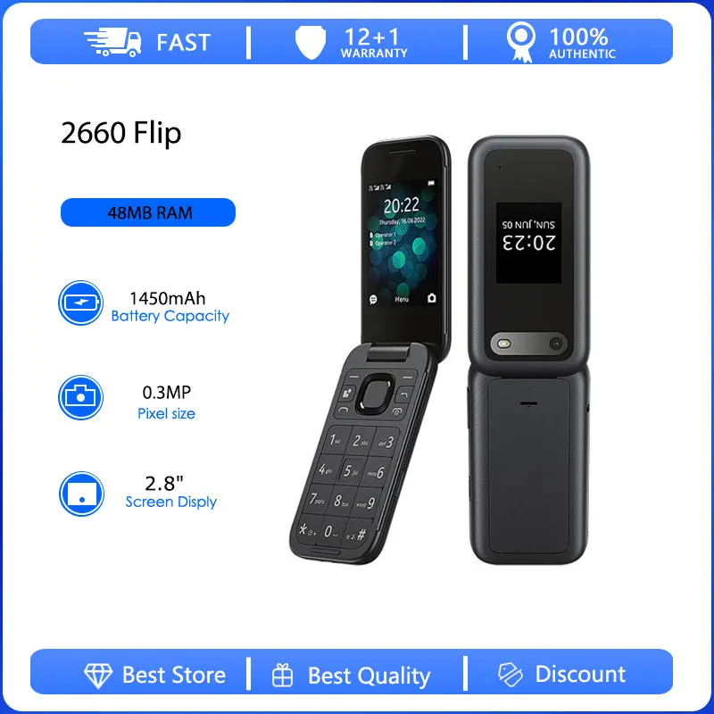هاتف محمول أصلي مجدد 2660 Flip 2G بشريحتين غير مقفول GSM 900/1800 لوحة مفاتيح عبرية عربية روسية مصنوعة في فنلندا #1