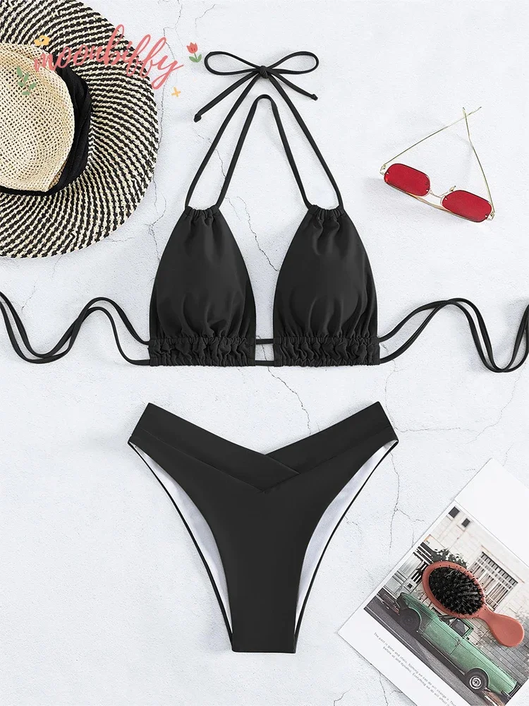 Plus Size Beach Bikini Black Sexy Halter Bikini Push Up Swimsuit 2 Piece Bikini Sets Summer Women Swimwear Bathing Suits