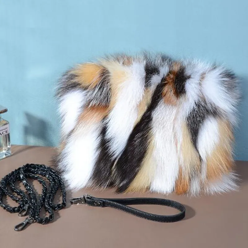 Genuine Natural Fox Fur Women Clutch Bag Purses Luxury Evening Party Bag Winter Chain Shoulder Bag