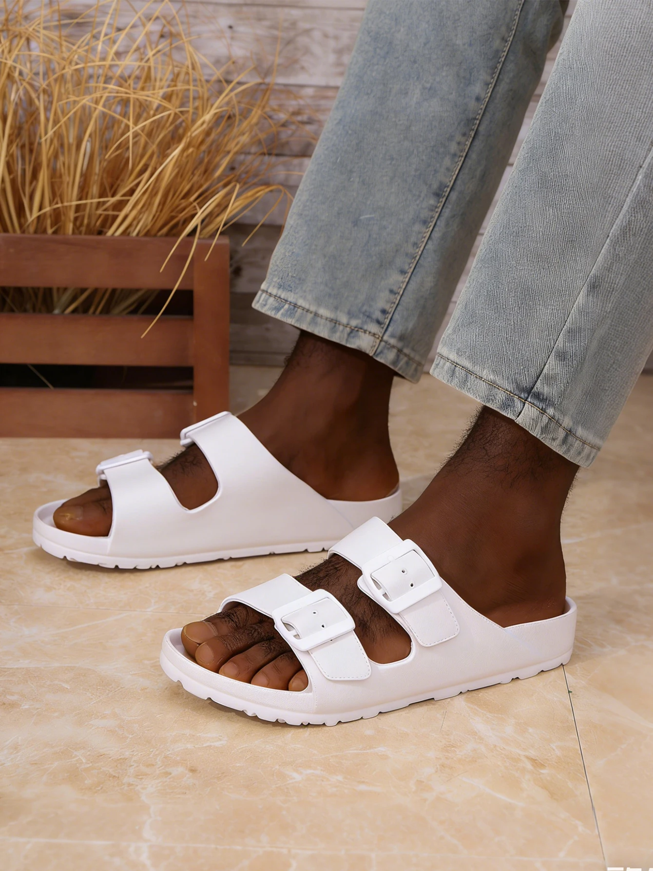Men's Casual Simple Flat-Soled Adjustable Buckle Double-Bar Eva One-Piece Slip-On Slippers, Comfortable, Breathable, Lightweight Beach Slippers image 6