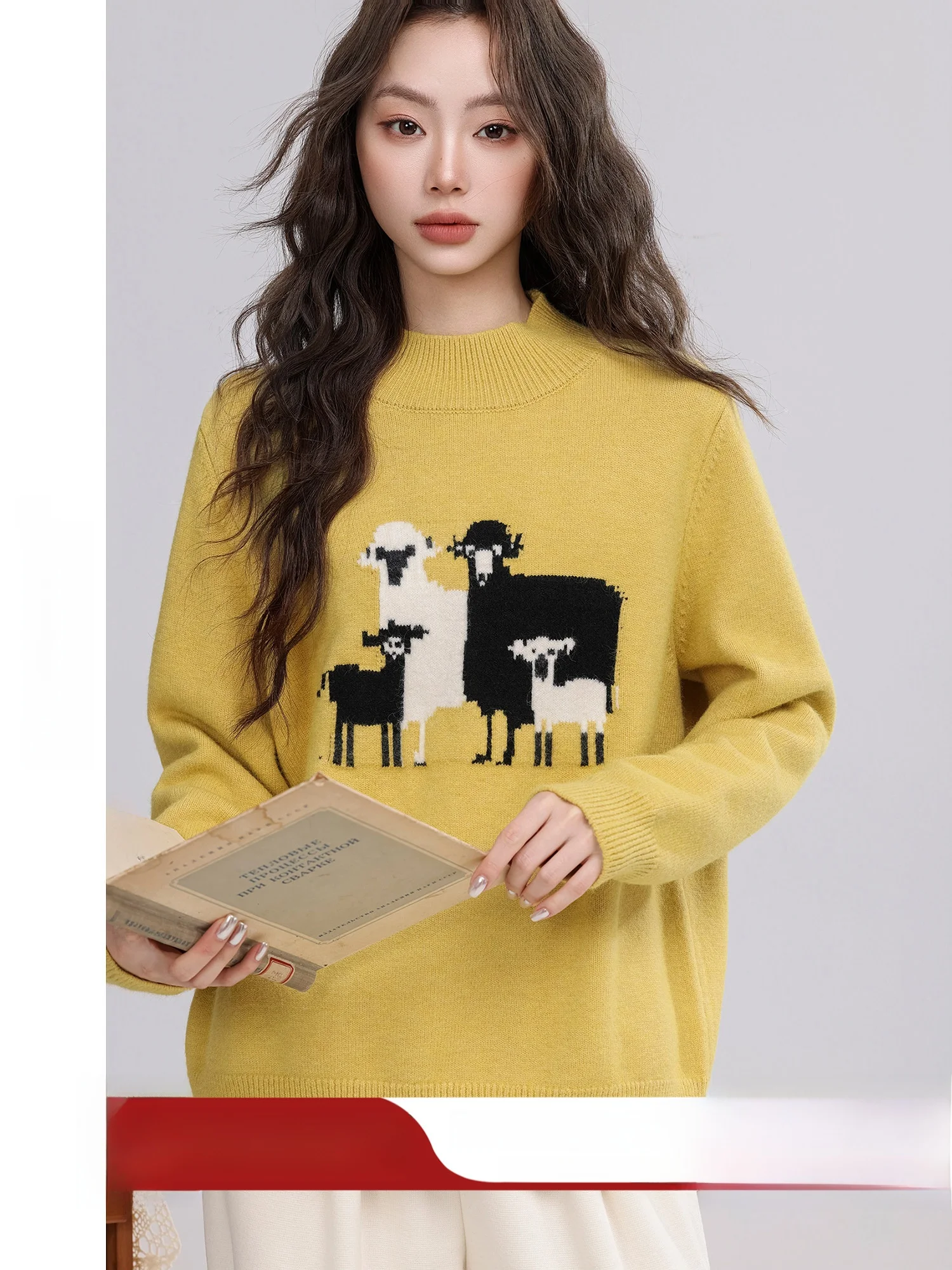 

Retro Cartoon Loose round Neck Women's Winter Sweater Sheep Embroidery Casual Long Sleeve Polyester Acrylic Nylon Blend