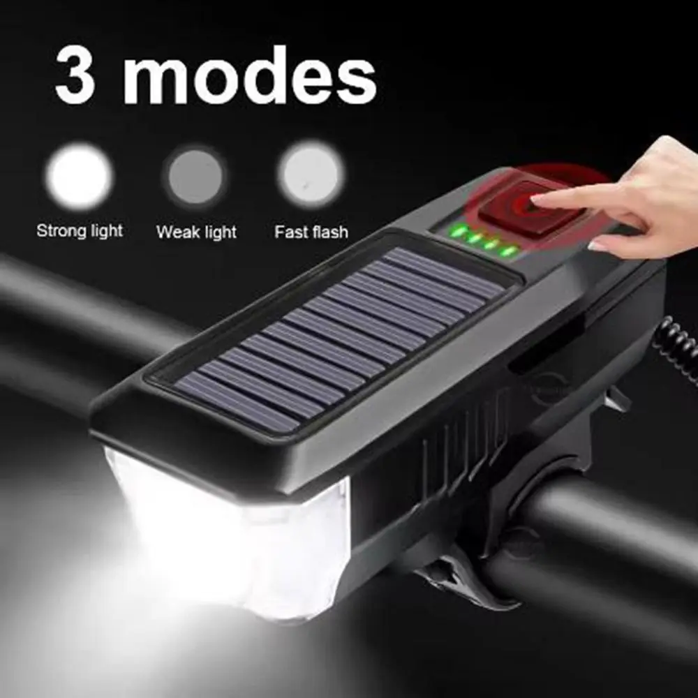 USB Rechargeable Solar Bicycle Light Power Display 3 Modes Bike Front Lamp Strong Light with Horn Mountain Road Bike Front Lamp
