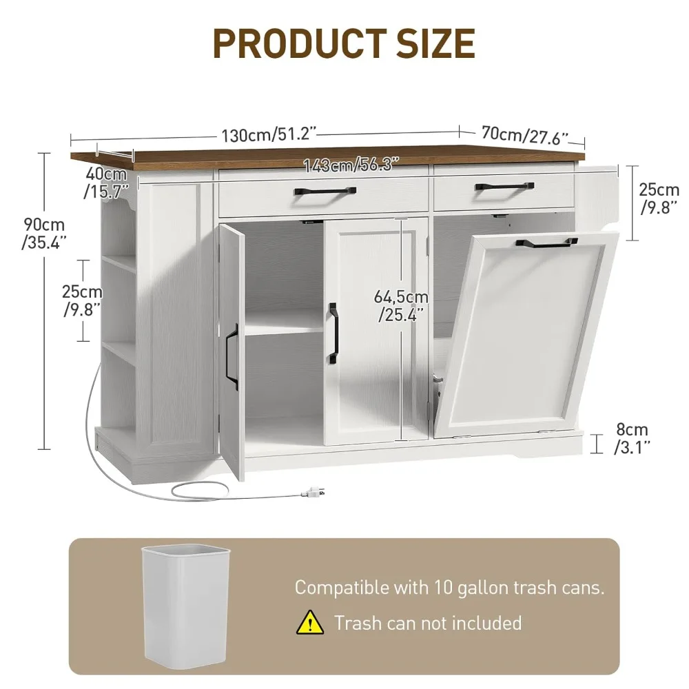 

Kitchen Island with Power Outlet & Drop Leaf, Rolling Storage Cart with Trash Storage Cabinet,Farmhouse Mobile, Customized