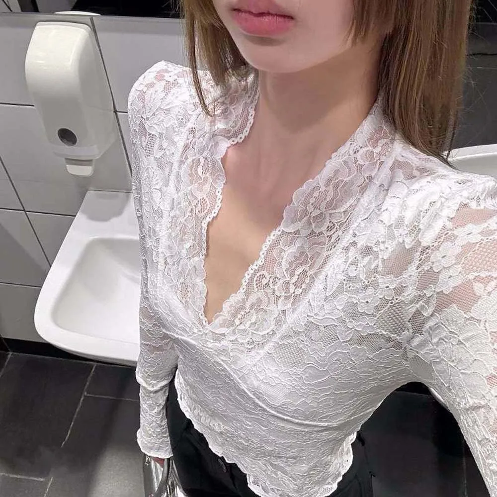 

Low Collar Lace Bottomed Blouse Hollow Thin Spicy Girl Outfit Slim Fit Top See-Through French Style Lace V Neck Shirt