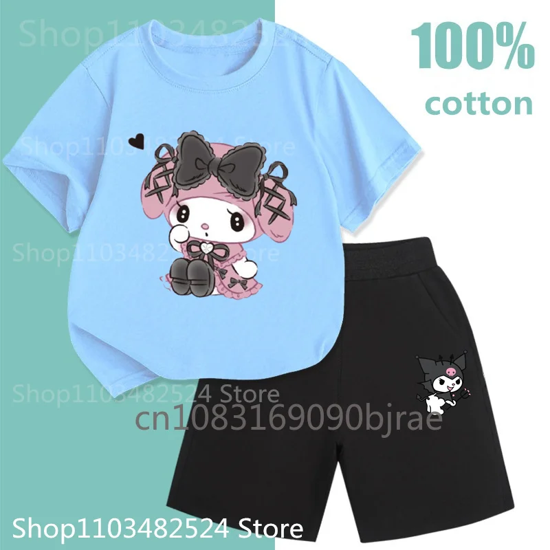 Fashion Kid Sanrio Kulomi Melody Pattern Printing T-shirt 100% Cotton Sets Casual Boys Girls Round Neck Short Sleeve Sets Summer