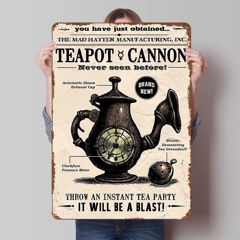 Alice Madness TeapotCannon Metal Poster Customized Wall Art Retro Vintage Tinplate Signs for Man Cave Garage Decoration Gaming