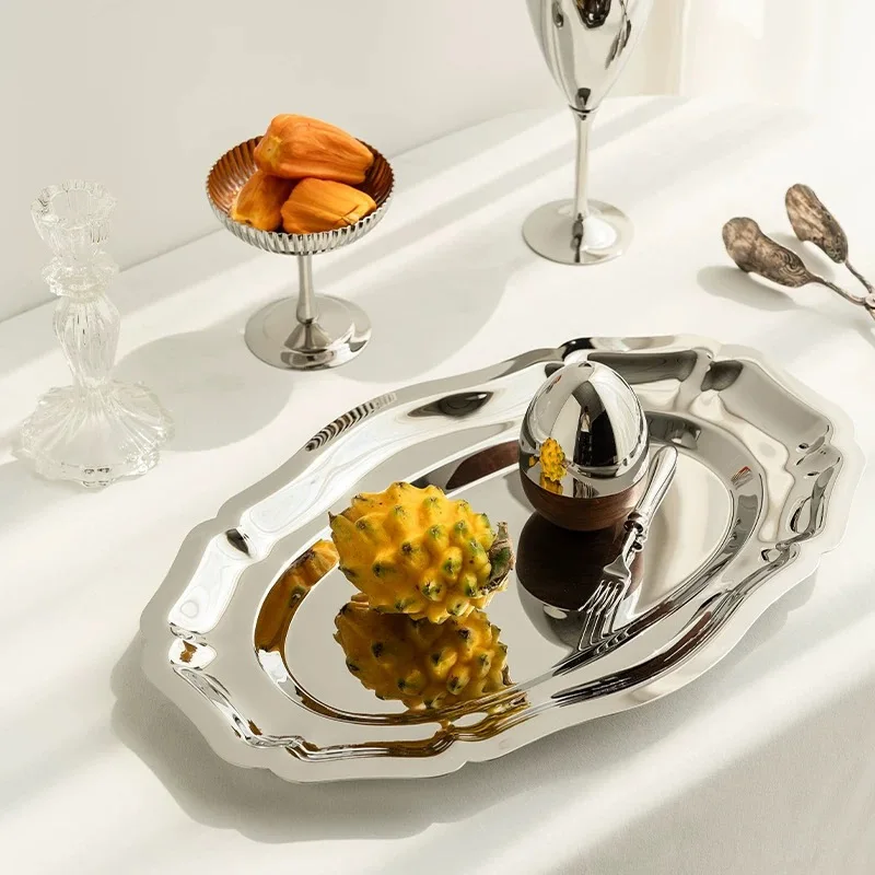 

Luxury European Style Dessert Display Tray Gold Edge Silver Bottom Tea Time Plate Wedding Celebration Decoration Storage Tray