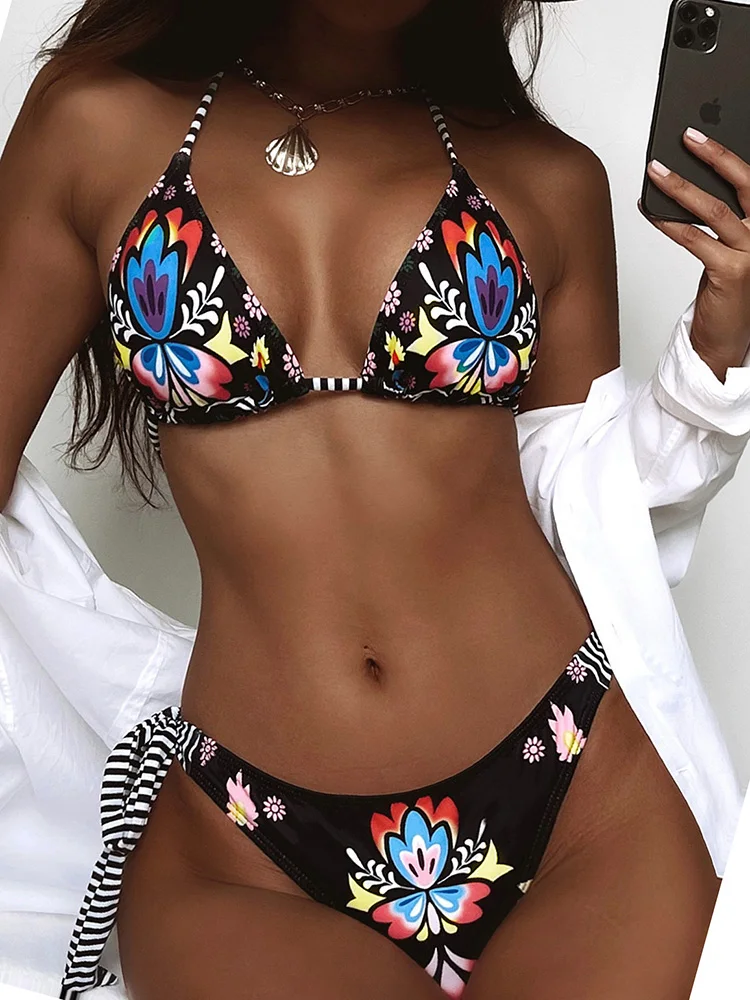 Maiô estampado floral para mulheres, conjunto de biquíni halter preto, moda de banho sexy colorida, nova tendência, verão 2024