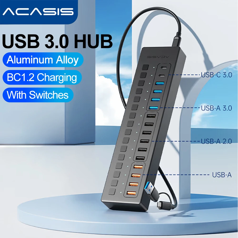 Acasis USB 3.0 Splitter 5Gbps USB-C Splitter 16 Ports Docking Station USB Extender for Laptop Keyboard Mouse Printer USB Expand