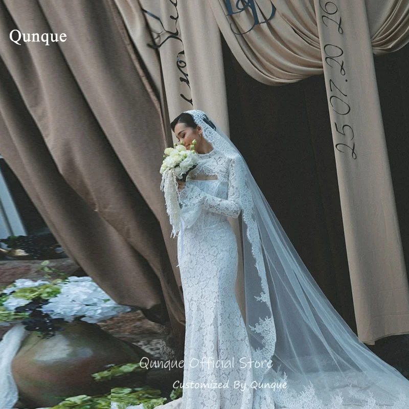 Qunque No Veil Cut Out Bodice Bridal Wedding Dresses High Neck Lace Vestido Noiva Mermaid Chic Vestido De Novia Boda Customized